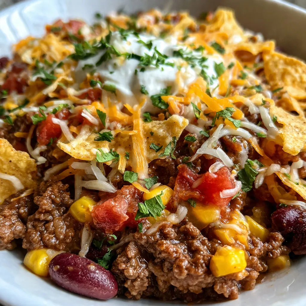 A baked Cattle Drive Casserole in a white dish with melted cheddar cheese and bubbling edges.