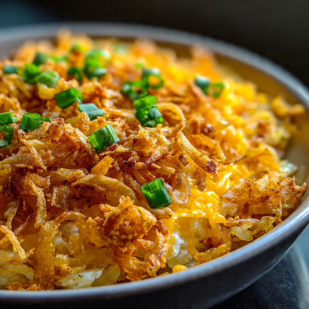 Golden French onion funeral potatoes in a baking dish with a crispy topping of French-fried onions and melted cheddar cheese