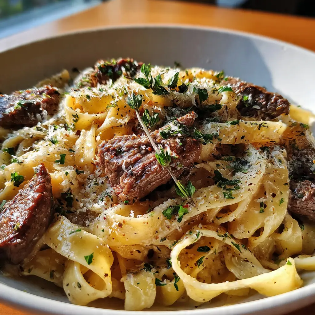 Creamy garlic beef pasta in a white bowl topped with fresh parsley and grated Parmesan