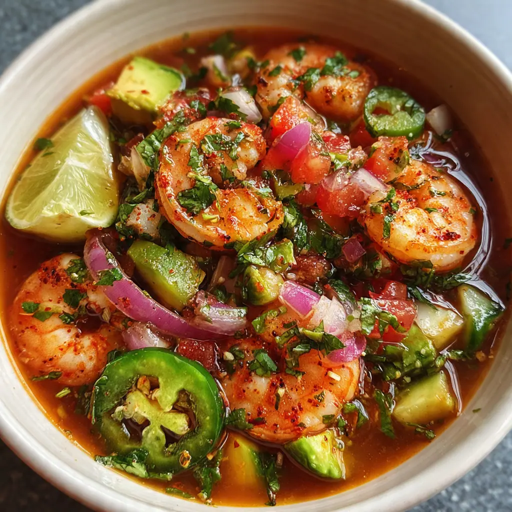 A vibrant Mexican shrimp cocktail served in a glass with plump shrimp, avocado, and cucumber in a tangy red sauce