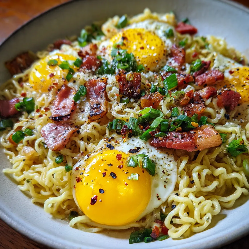 A bowl of creamy ramen carbonara topped with crispy pancetta and a soft-boiled egg