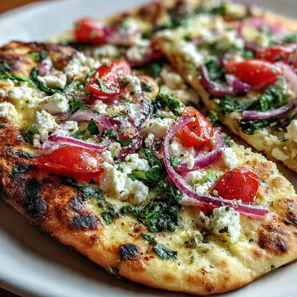 Feta spring flatbreads topped with bright green asparagus, peas, and fresh herbs on a rustic wooden board