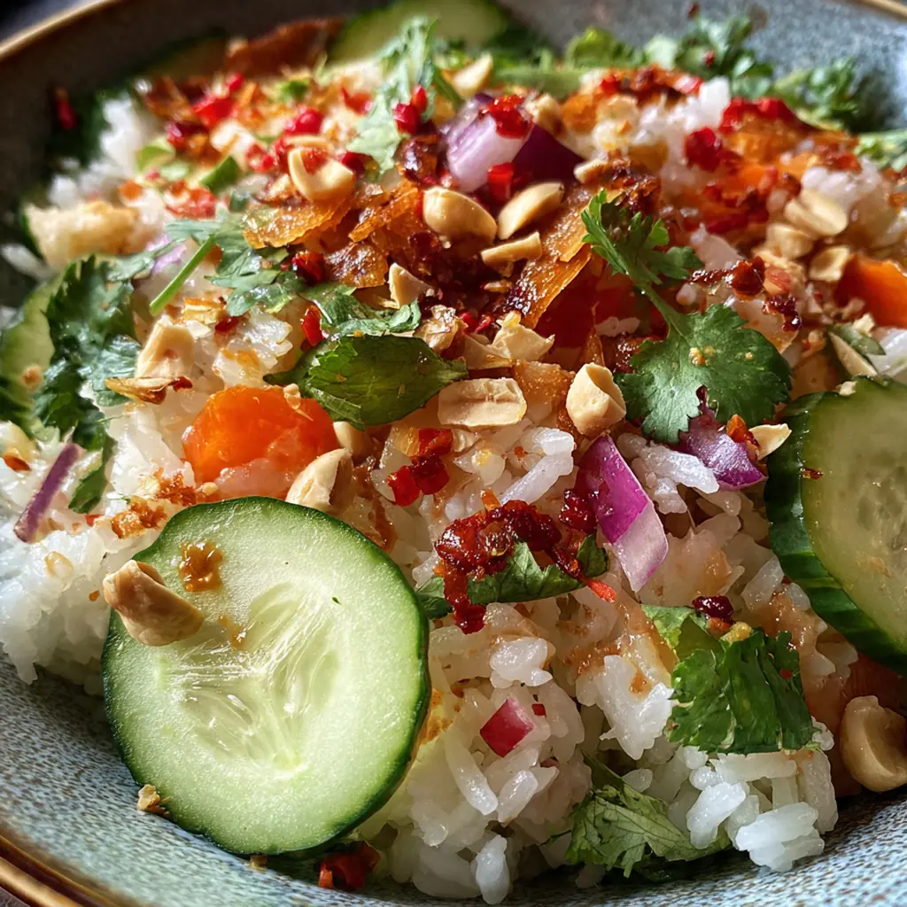 Golden crispy rice pieces glistening with herbs and topped with crushed peanuts in a vibrant salad