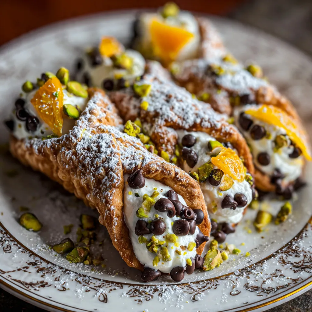 Golden crisp Italian cream cannoncini dusted with powdered sugar standing upright on a white plate