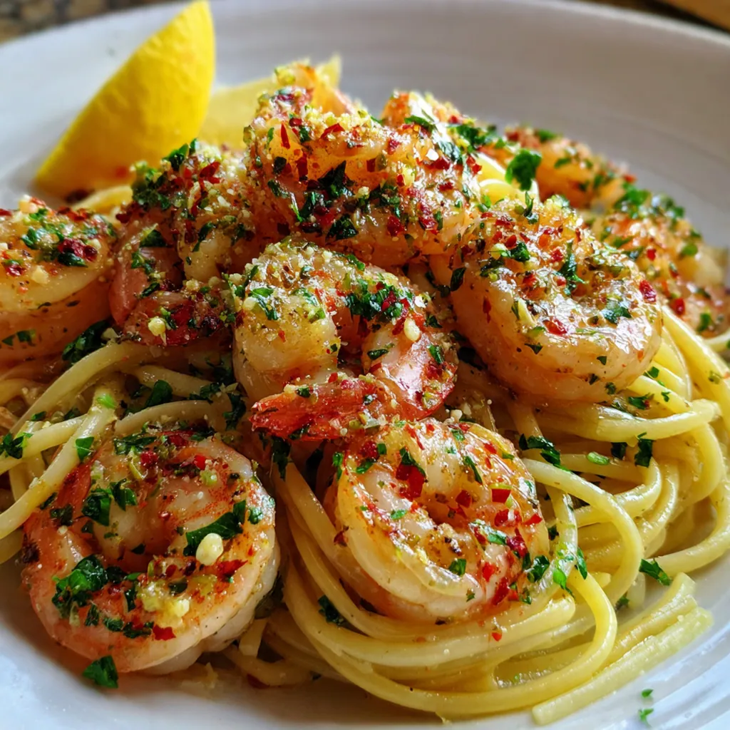 Classic Shrimp Scampi in a white bowl with glistening garlic butter sauce and fresh parsley garnish