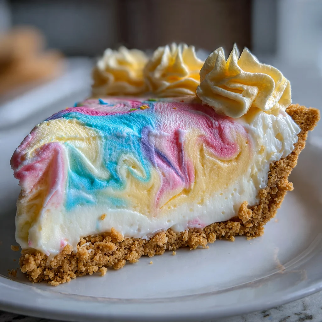 A slice of Easter Swirl Cheesecake Pie showing beautiful pastel pink, white, and yellow layers on a graham cracker crust